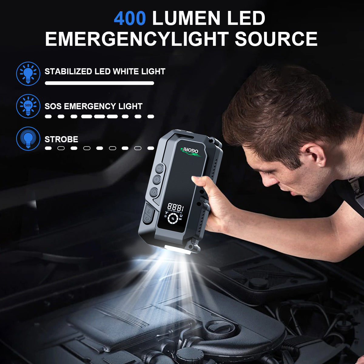 Jump Starter Haute Puissance avec Compresseur d'Air Électronique, Power Bank & Lampe Torche