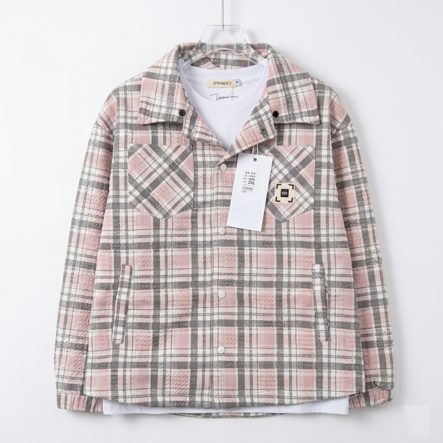 Veste Surchemise à Carreaux Texturés « Pastel Go » – Rose & Gris