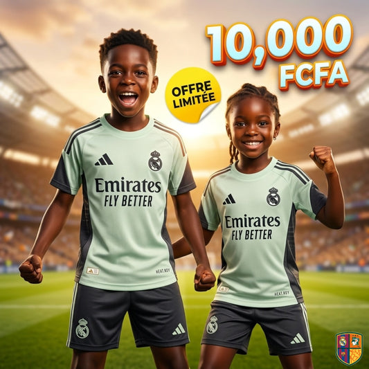 Ensemble Maillot et Short de Foot Real Madrid Enfant - Collection Extérieur Vert Menthe (2 à 13 ans)